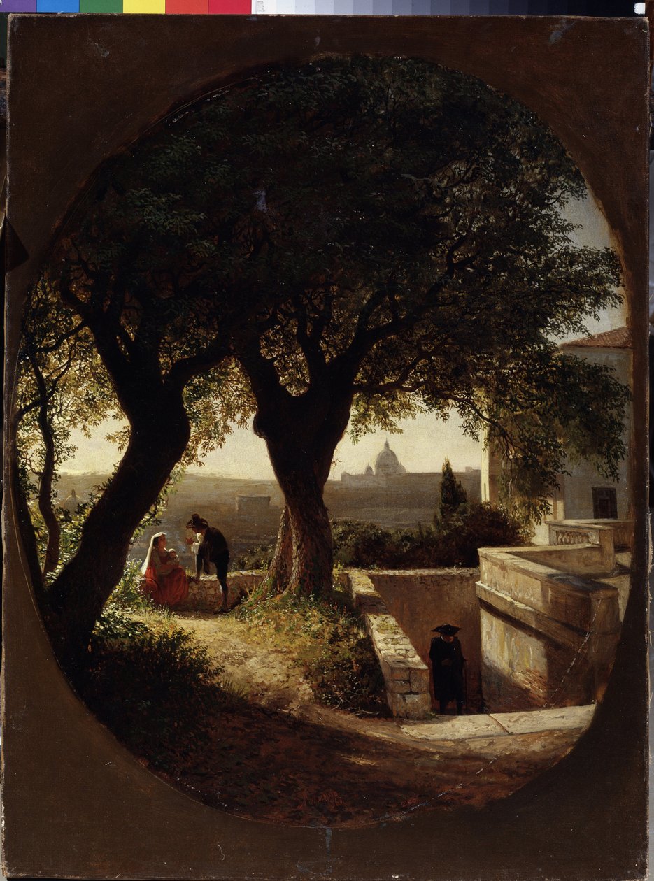 I nærheden af ​​Rom (Italien) (Nær Rom). En kvinde, der sidder under træer med en baby i armene, lytter til en mand i hat og kappe. En anden mand nærmer sig dem fra trappen. Maleri af Lev Felixovich Lagorio (1827-1905), af Lef Feliksovich Lagorio