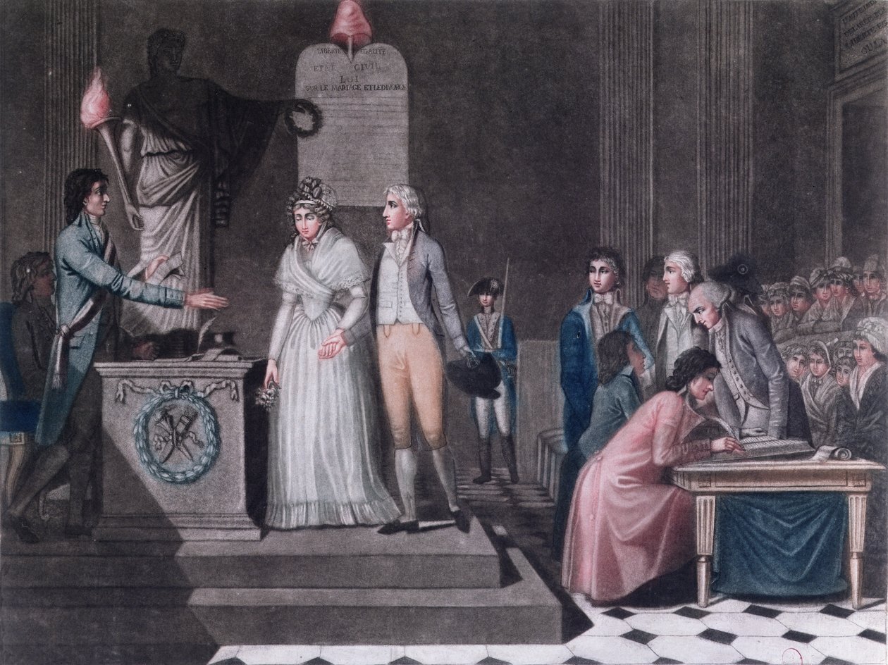Borgmester gennemfører et republikansk ægteskab i perioden med den franske revolution, ca. 1795 (farvegravering) af Legrand