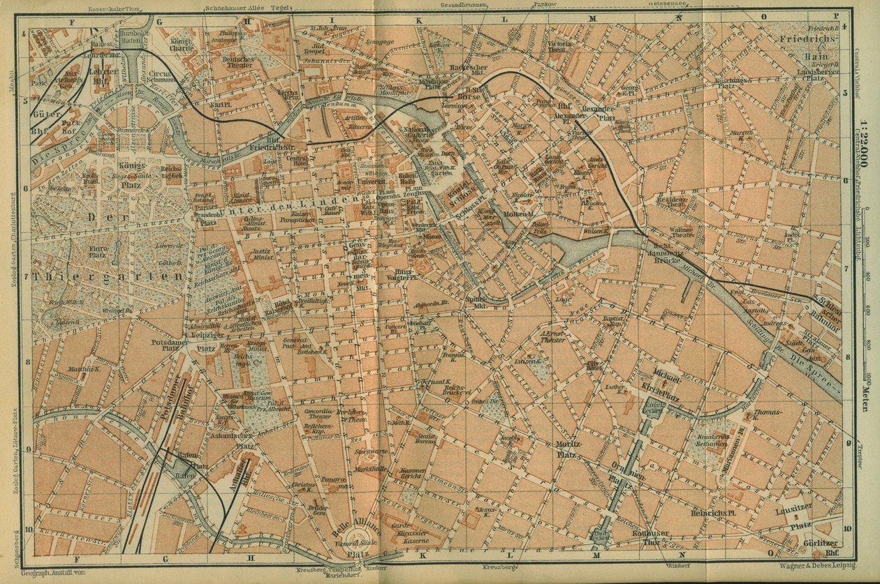 Kort over Berlin Center, fra en rejseguide Baedekers Nordøsttyskland, 1892 af Leipzig Wagner and Debes