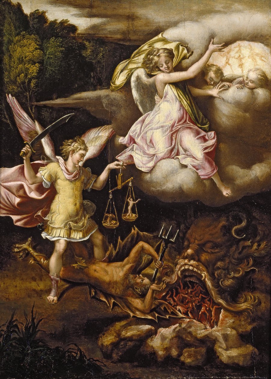 St. Michael underkuer Satan og vejer de dødes sjæle, ca. 1540 - 1549 af Lelio Orsi da Novellara
