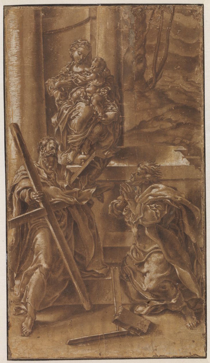 Madonna med barnet samt apostlen Andreas (t.v.) og den hellige Judas (t.h.) af Lelio Orsi