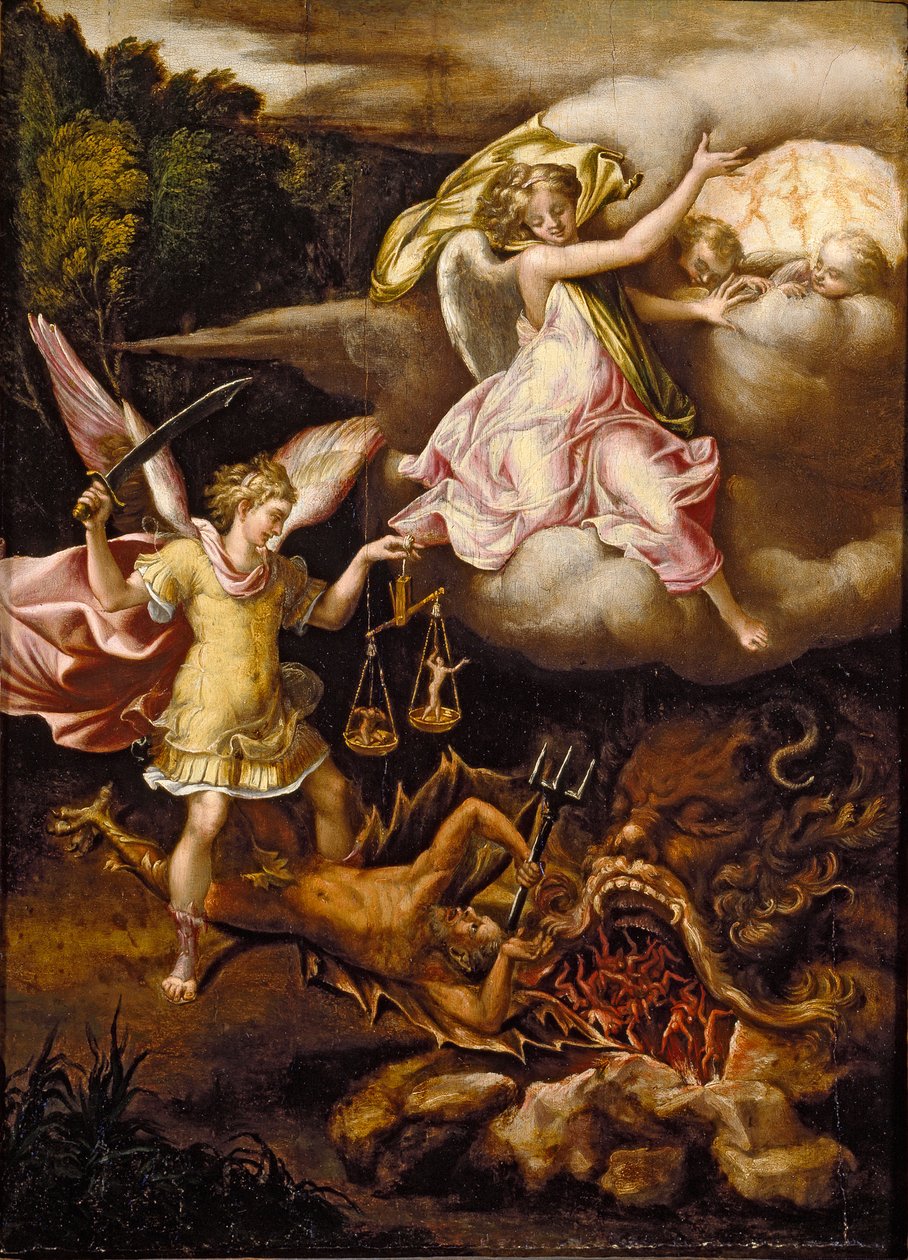 St. Michael undertvinger Satan og vejer de dødes sjæle, c1540-1549 af Lelio Orsi
