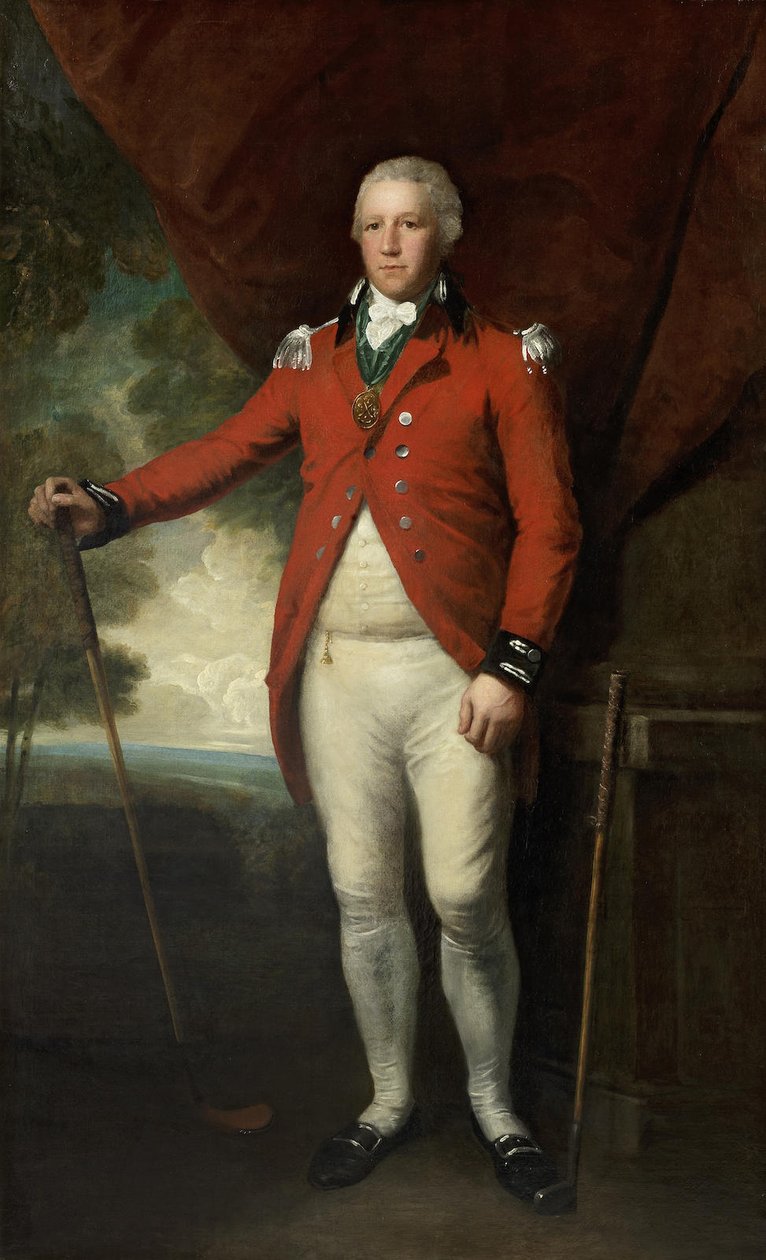 Portræt af Henry Callender, der står i fuld længde i et landskab i påklædning af kaptajn-general fra Blackheath Golf Clubnn af Lemuel Francis Abbott