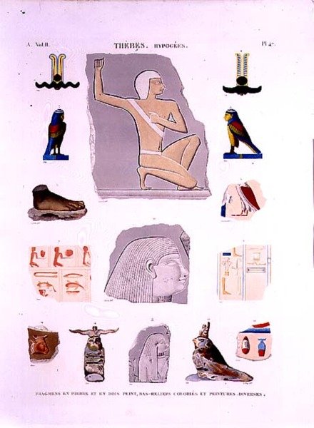 Illustrationer af malede relieffer på sten og træfragmenter Hypogees, Theben-plade 47 fra bind II af `Descriptions of Egypt`, indgraveret af LeRoy af Lenoir (after)