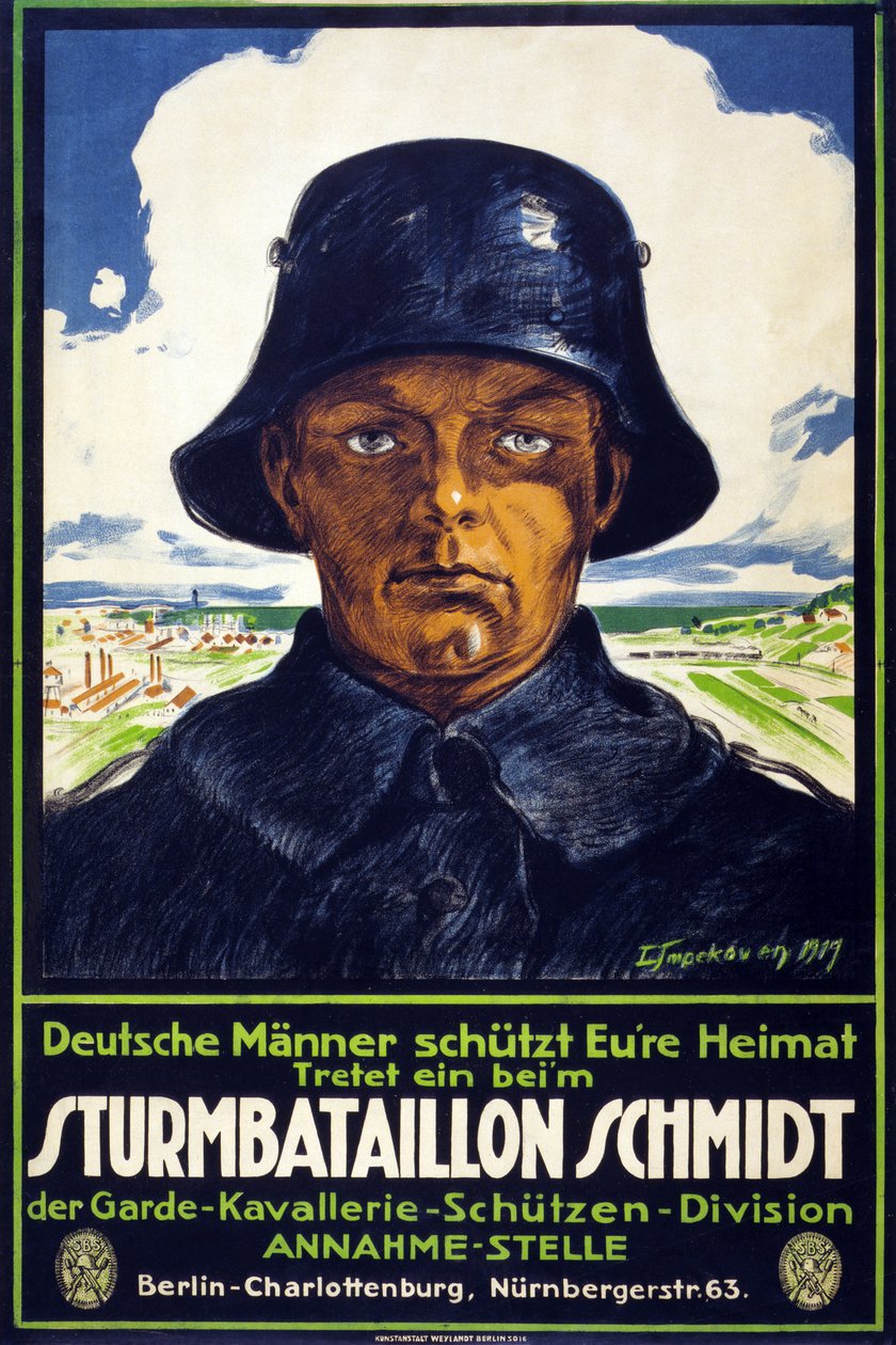 Tysk rekrutteringsplakat Sturmbataillon Schmidt; Tyske mænd udøser dit hjemland! Kom ind på?, Pub. 1919 af Leo Impekoven