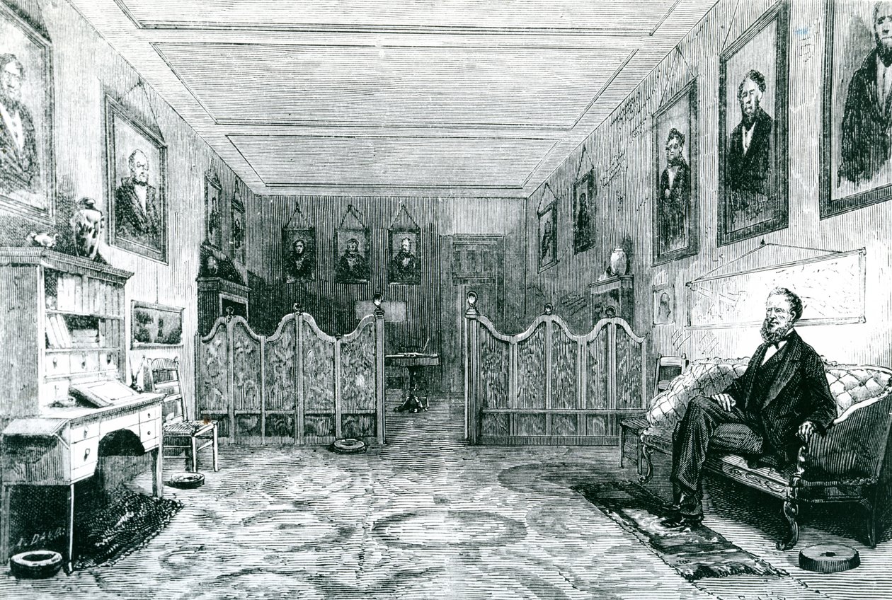 Brigham Young (1801-77) Mormonernes ypperstepræst i sit studie, illustration fra Le Monde Illustre, udgivet 1871 af Leo after Nye