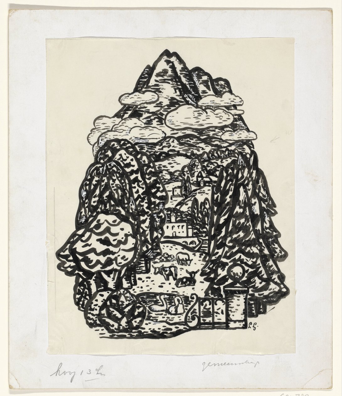 Bjerglandskab med træer og kvæg af Leo Gestel (signed by artist)