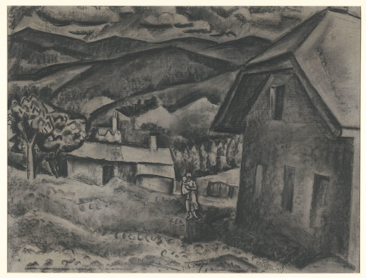Landskab med kvinde med barn foran et hus af Leo Gestel (signed by artist)