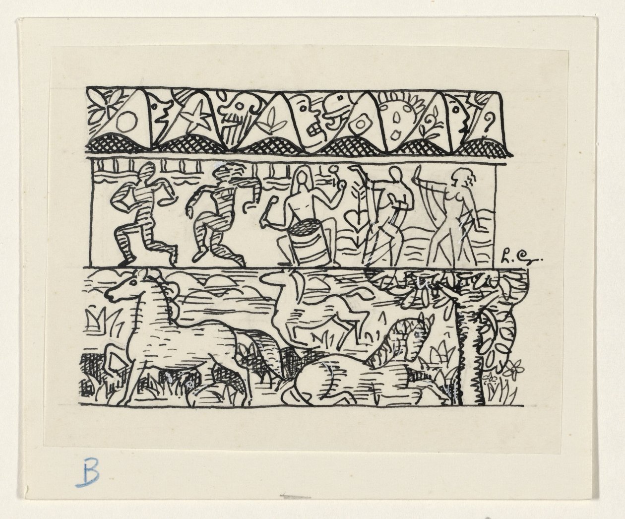 Heste, dansende mennesker og masker af Leo Gestel (signed by artist)