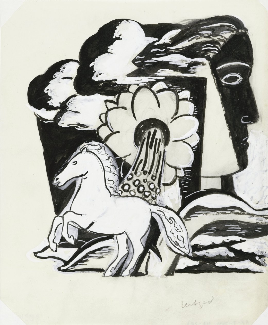 Opdræt af hest, blomst og hoved (skitse) af Leo Gestel (signed by artist)