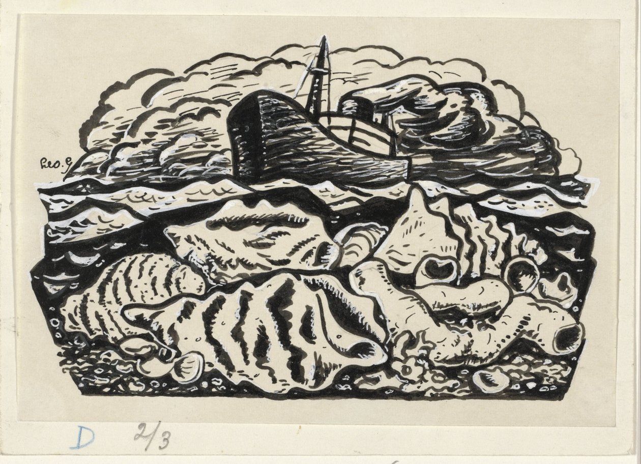 Dampskib til søs med skaller på stranden af Leo Gestel (signed by artist)