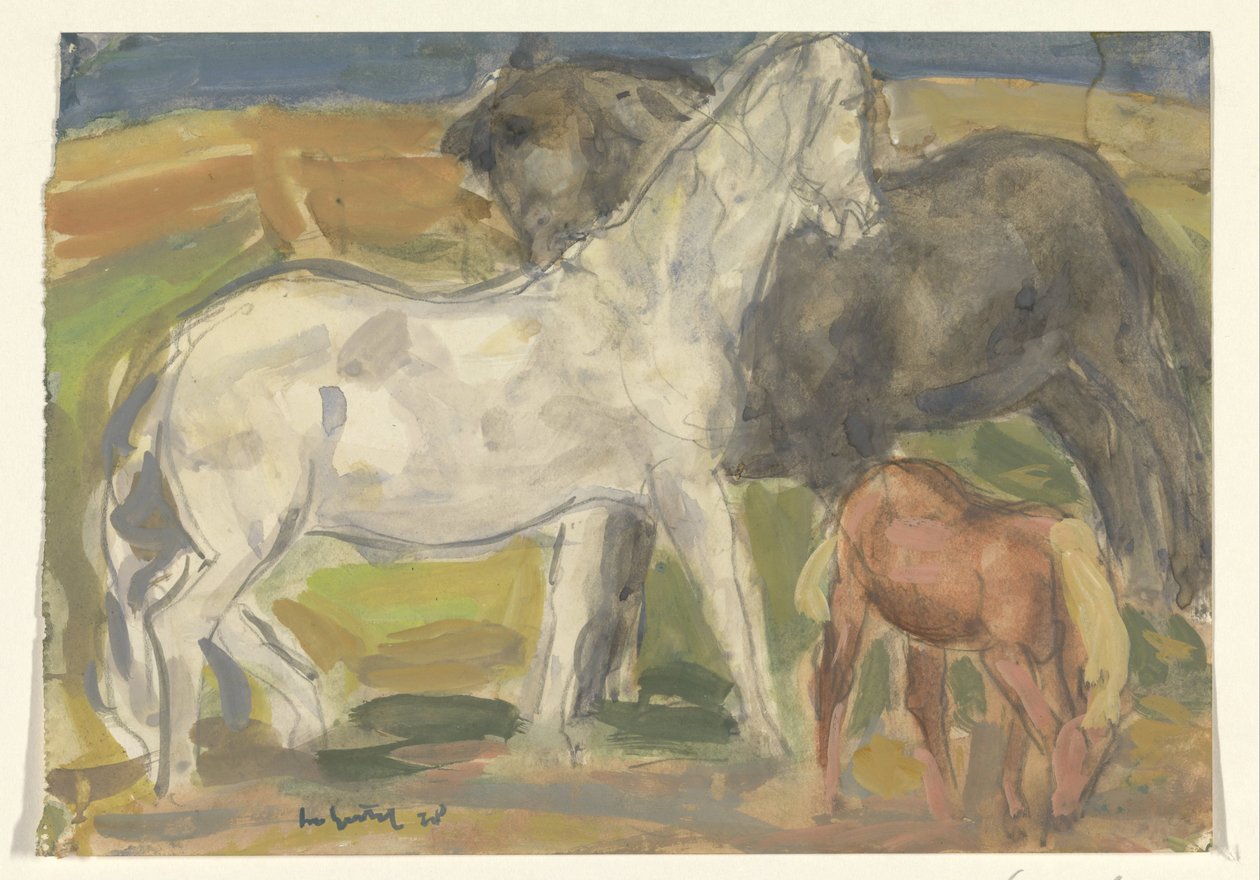 To heste og et føl i et landskab af Leo Gestel (signed by artist)