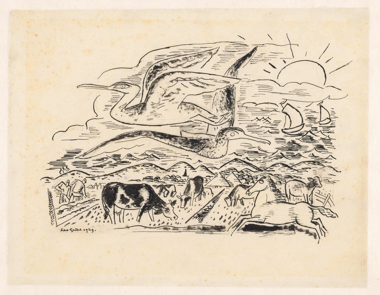 To fugle flyver over et landskab med kvæg af Leo Gestel (signed by artist)