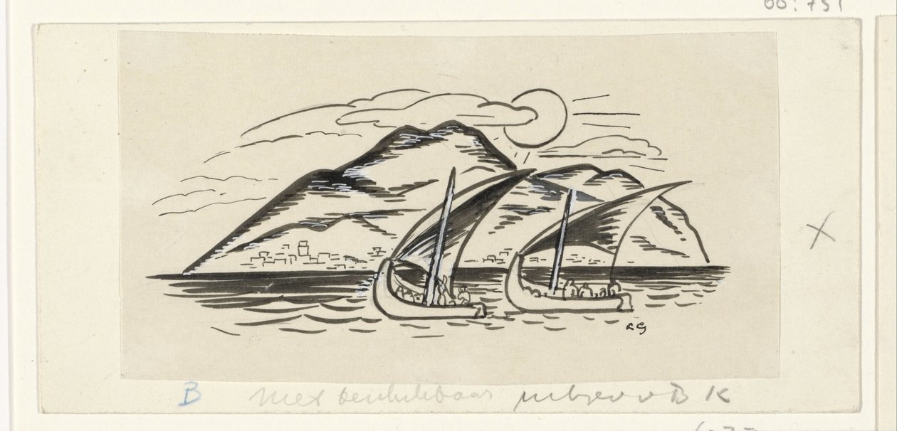 To sejlskibe foran en ø med bjerge af Leo Gestel (signed by artist)