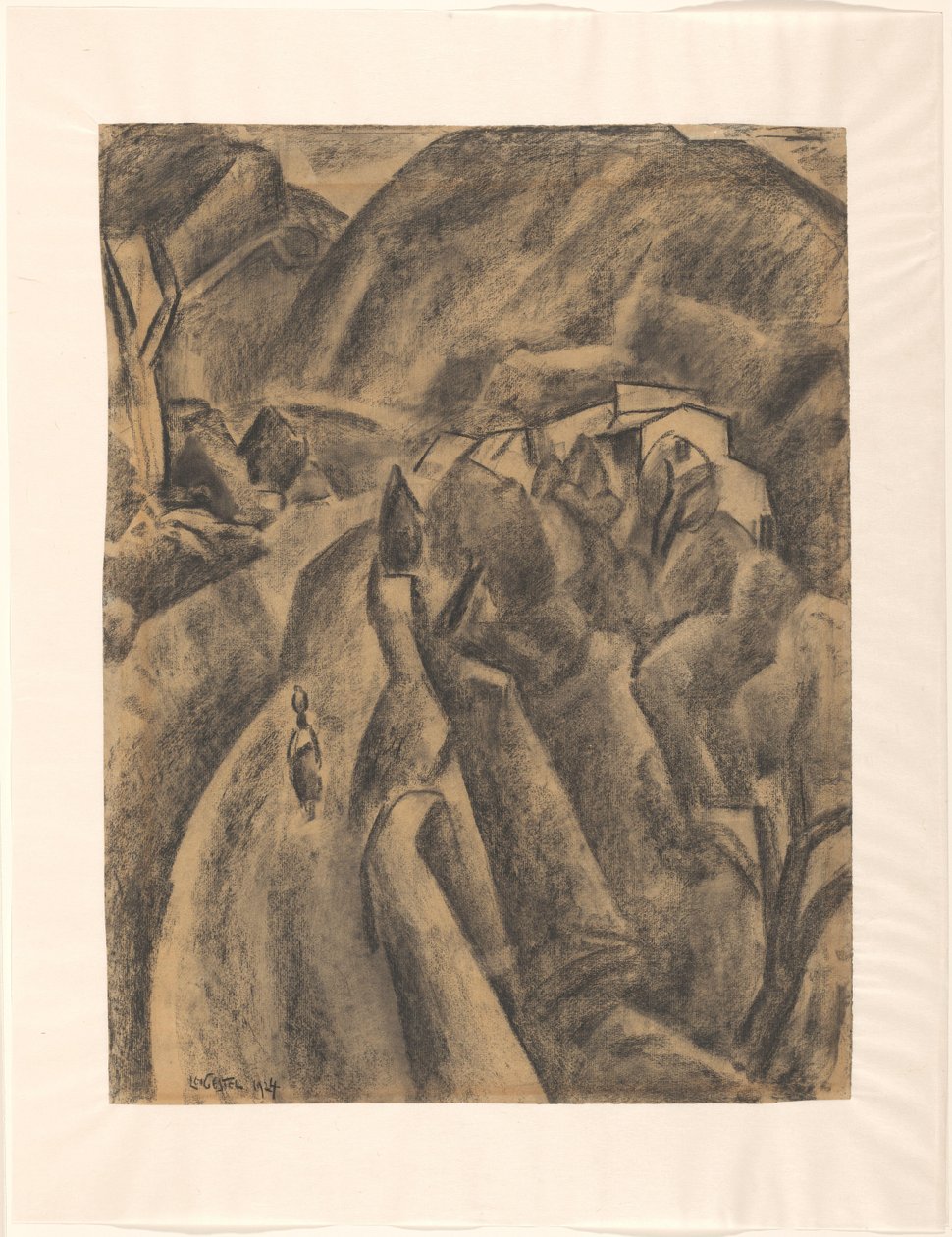 Kvinde med en kande på hovedet på en vej gennem høje bjerge af Leo Gestel (signed by artist)