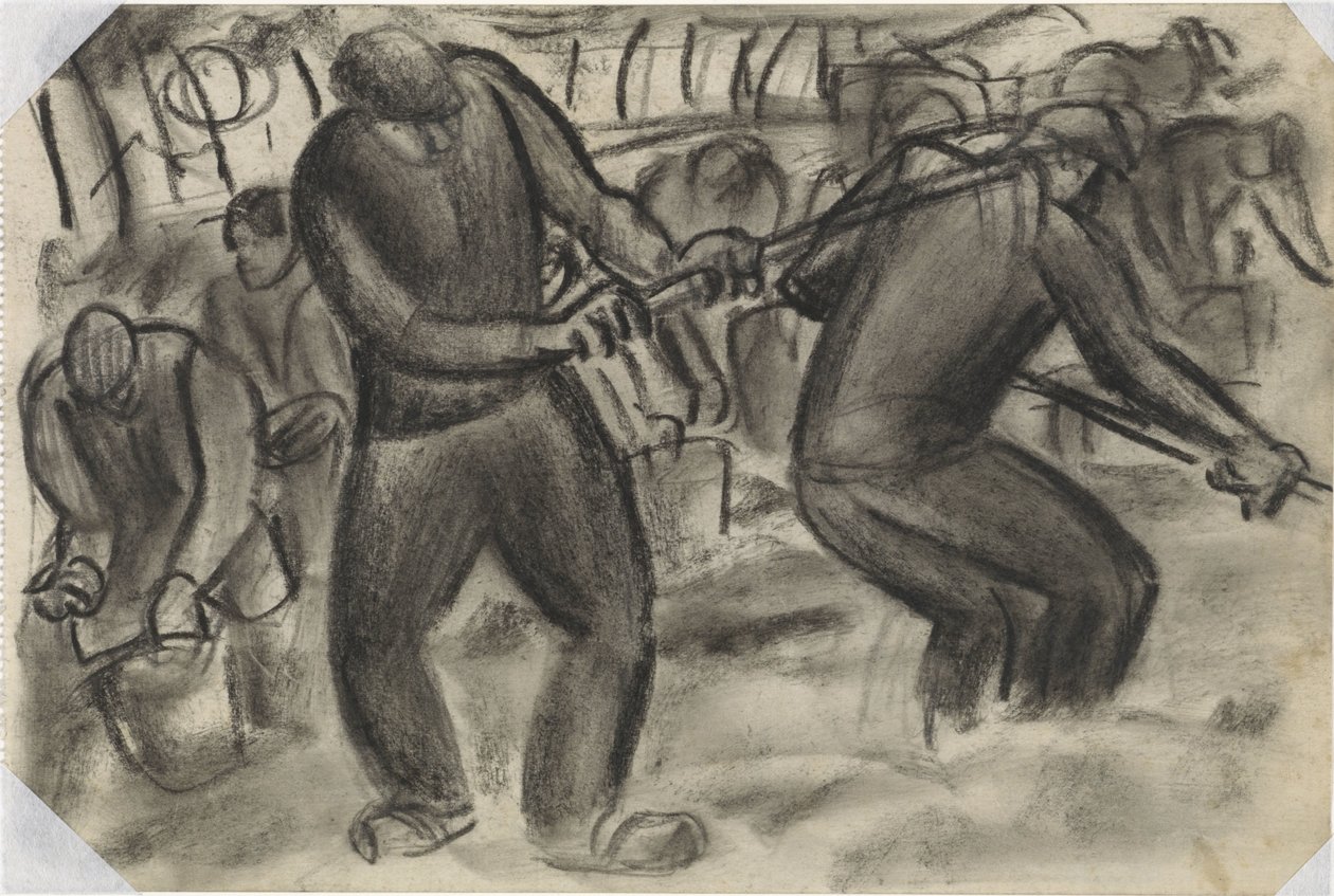 Kartoffeloptagere i marken Uden titel af Leo Gestel