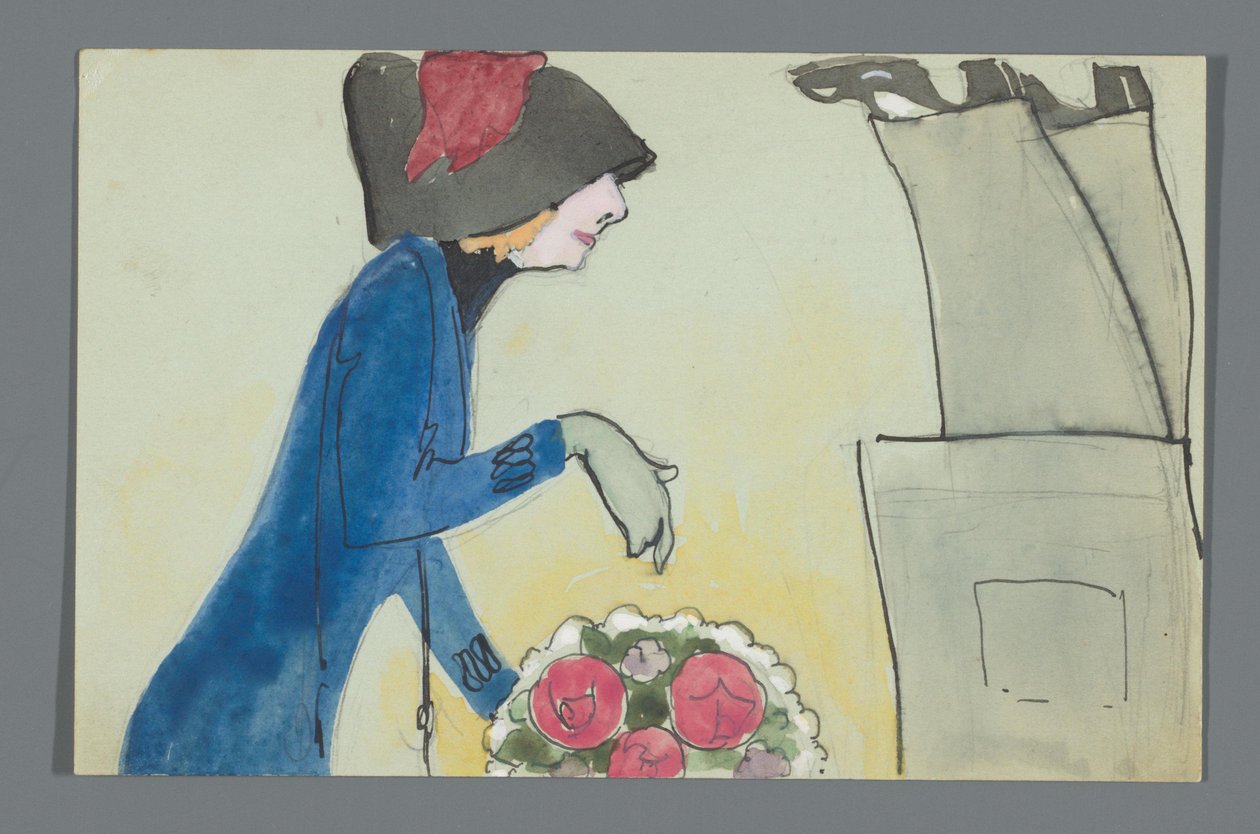 Postkarte mit einer Zeichnung des Unterkörpers von Leo Gestel und Oberkörpers von An Overtoom mit Blumenstrauß af Leo Gestel