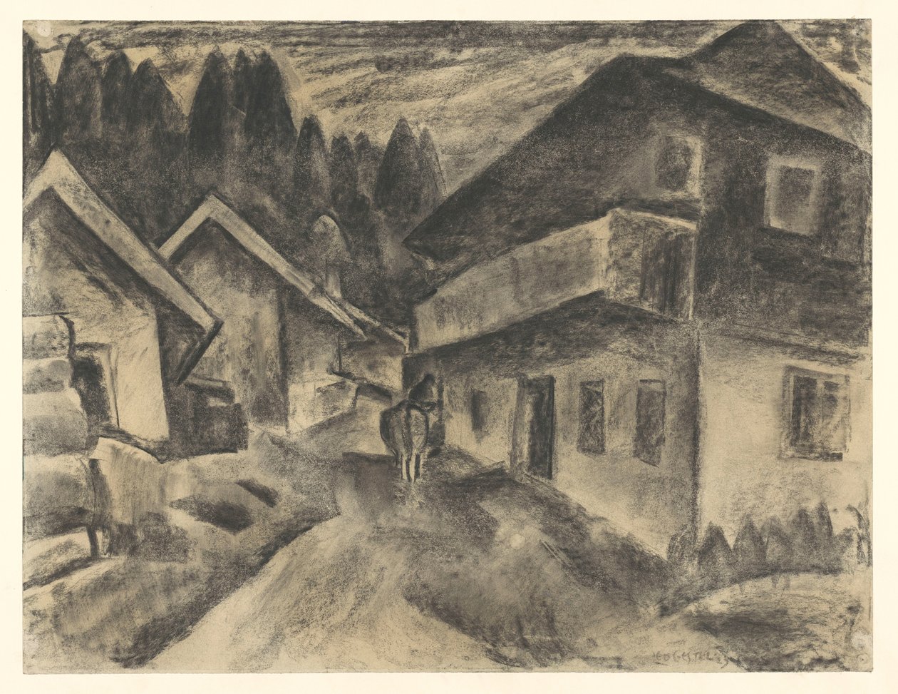 Landsbyudsigt med mand med ko på landsbyvej af Leo Gestel