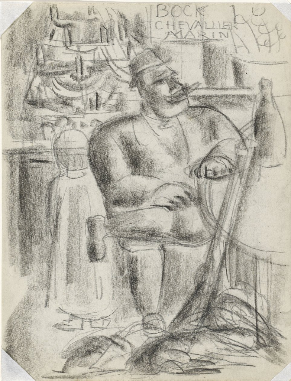 Jæger sidder ved cafebordet i sort kridt Uden titel af Leo Gestel