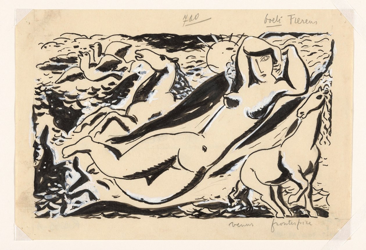 Tilbagelænet kvinde med to heste af Leo Gestel