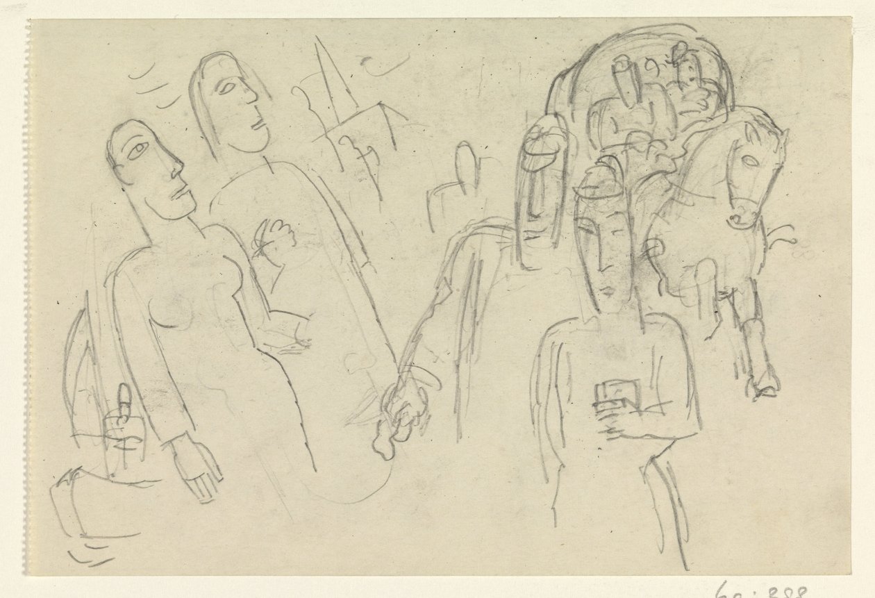 Folk på gaden og en hest med vogn af Leo Gestel