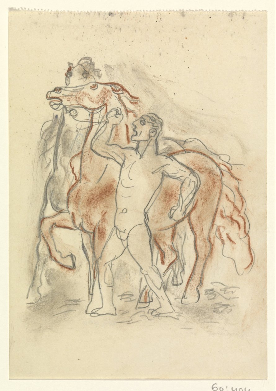 Nøgen mand holder to heste i skak af Leo Gestel