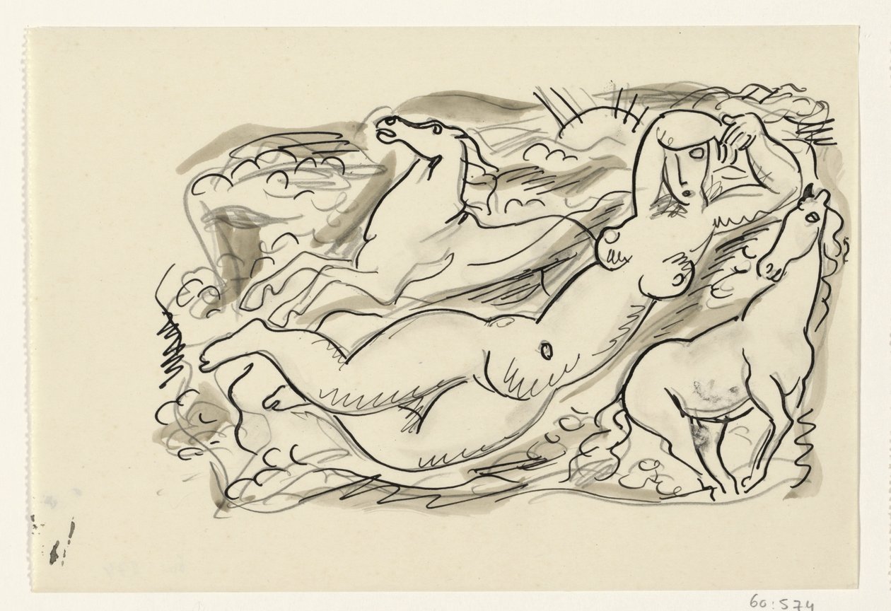 Nøgen kvinde og to heste i havet af Leo Gestel