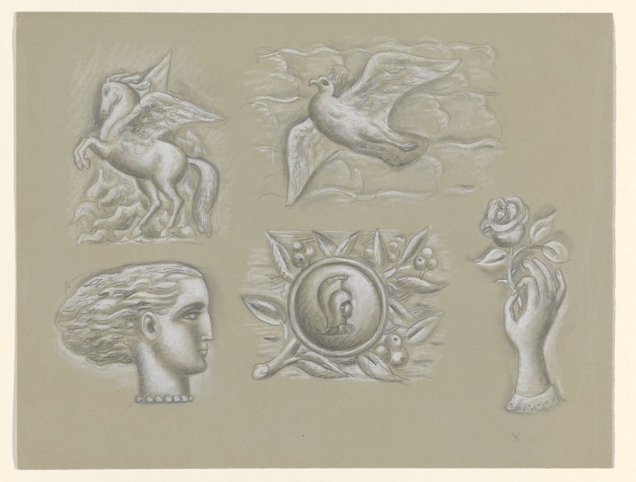 Pegasus, due, kvindehoved, våben og hånd med rose af Leo Gestel