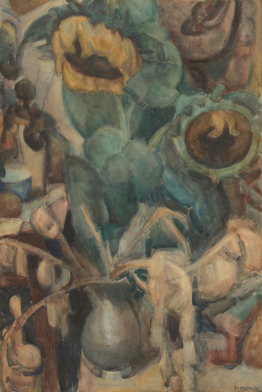 Stilleben med solsikker i en vase af Leo Gestel