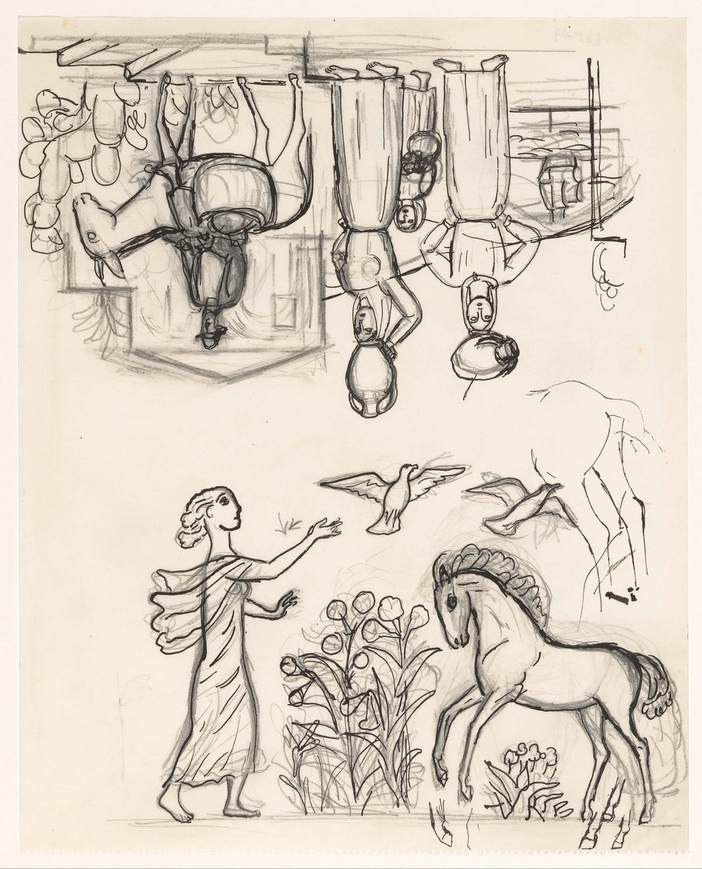 Studieark med to kvinder med kander på hovedet, en mand på et æsel og en kvinde, der slipper fugle fra et føl af Leo Gestel
