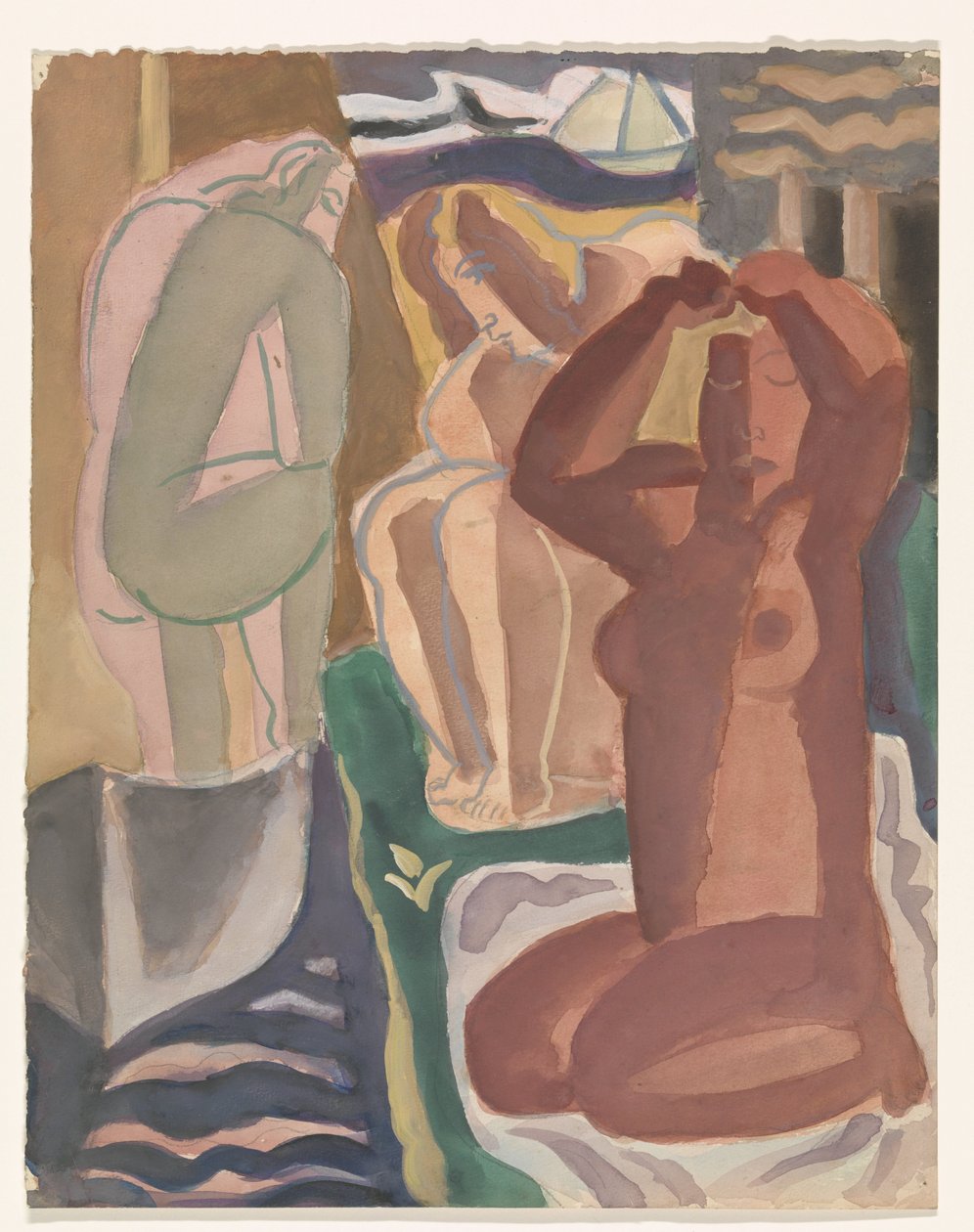 To badende kvinder og en figur på ryggen af Leo Gestel
