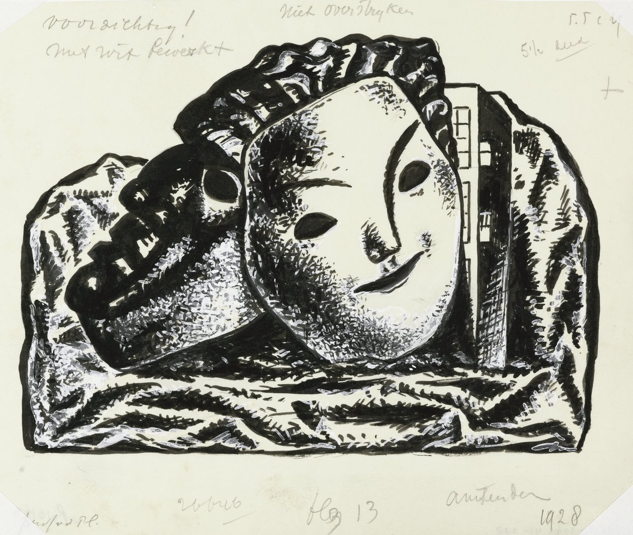 To masker til bygning og sten (skitse) af Leo Gestel