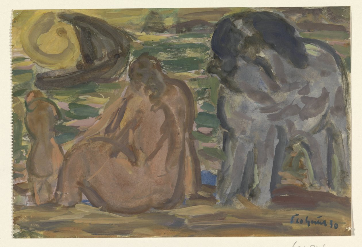 To nøgne figurer og en hest ved havet af Leo Gestel