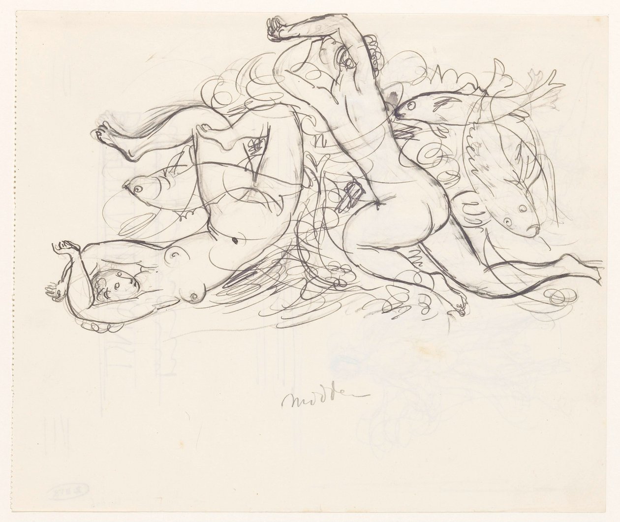 To nøgne kvinder og tre fisk af Leo Gestel