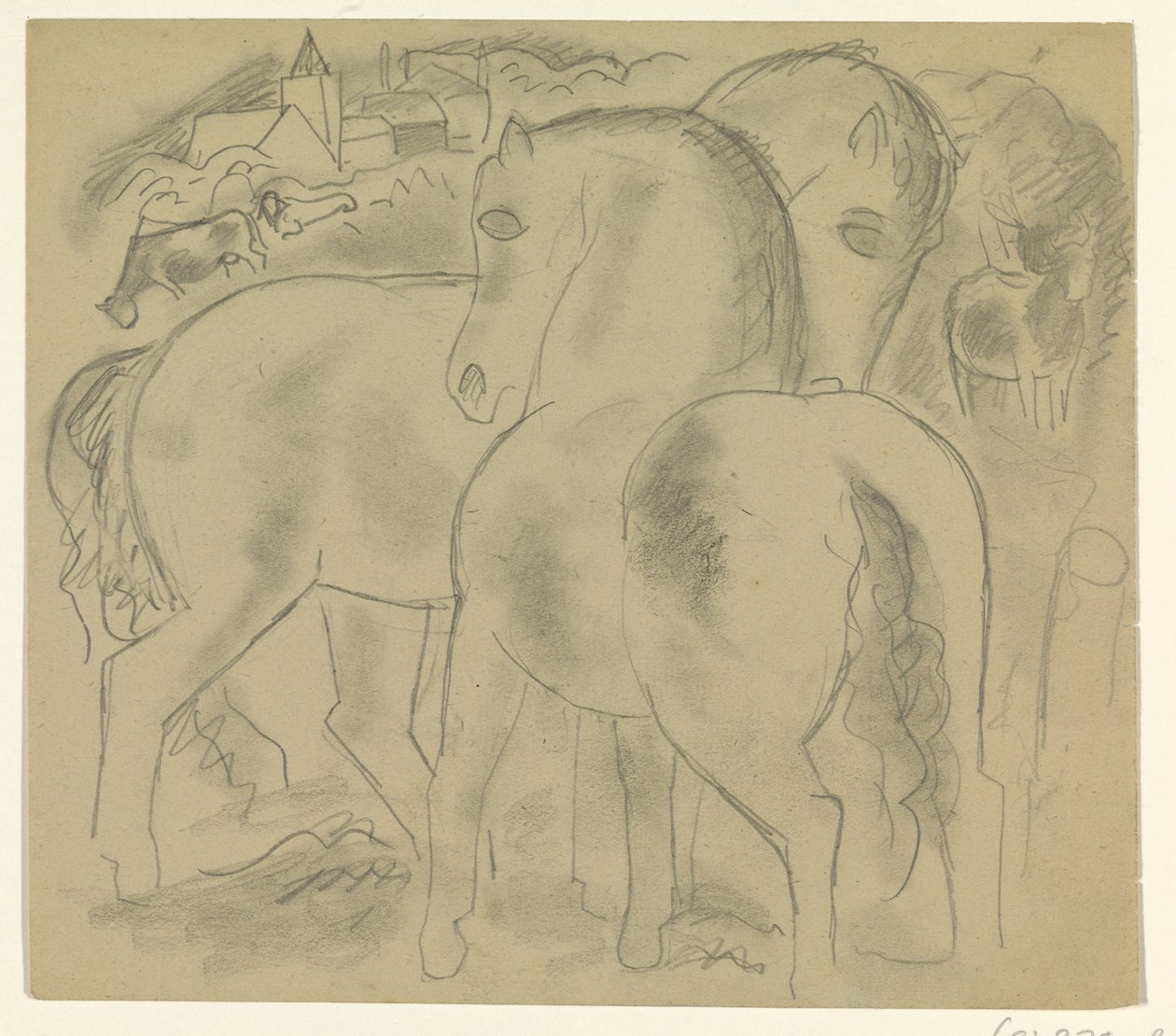 To heste i et landskab med køer af Leo Gestel