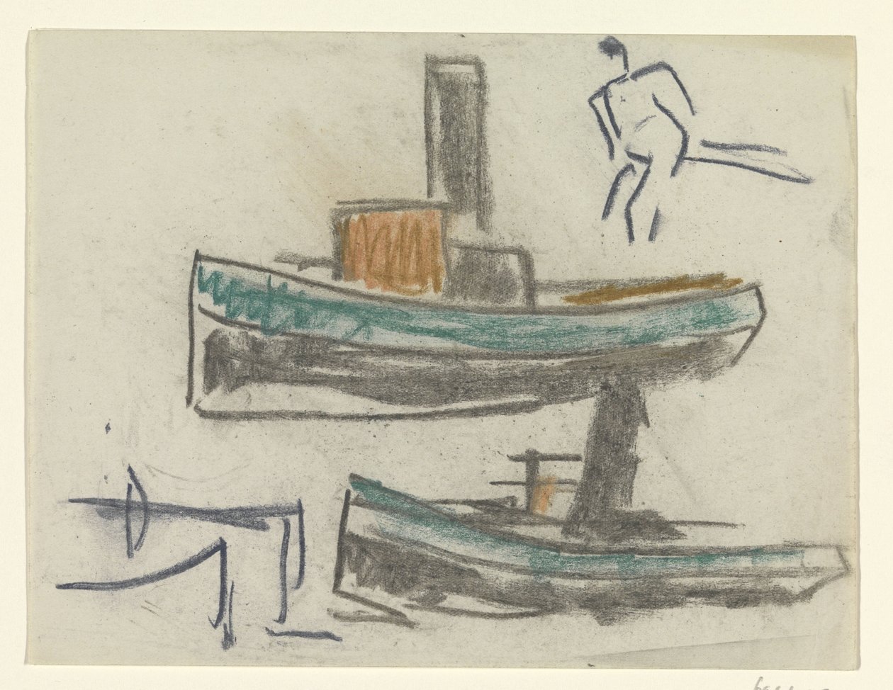 To skibe og en figur af Leo Gestel