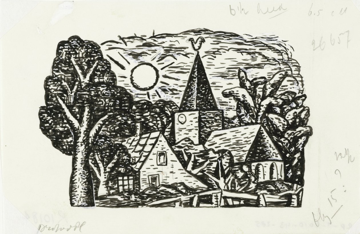 Vignette til Gestels biografi af prof. W. van der Pluym Uden titel (Landsbyudsigt med kirke og sol, vignet til biografi om Gestel af prof. W. van der Pluym) af Leo Gestel