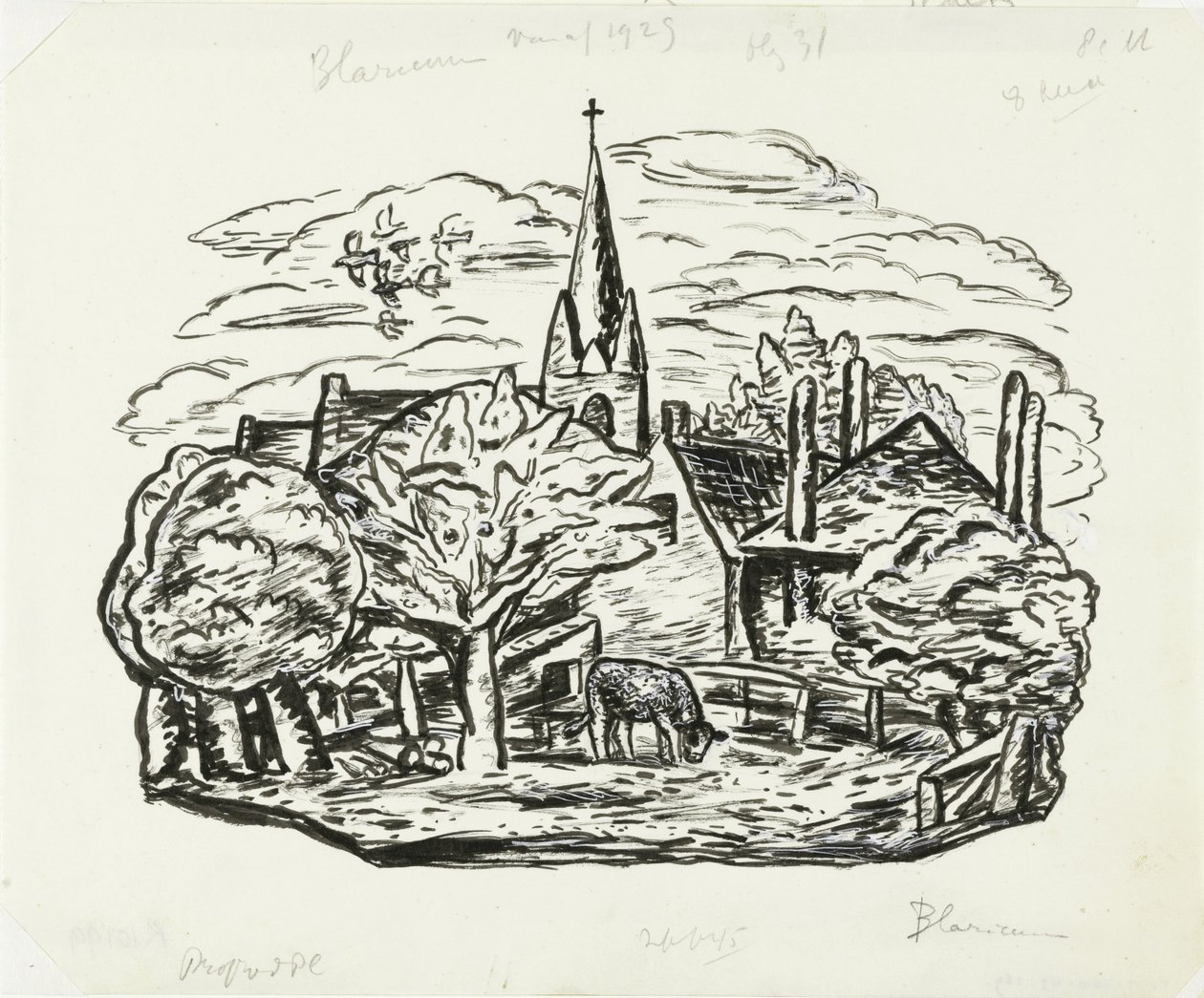 Vignette til Gestels biografi af prof. W. van der Pluym Uden titel (Udsigt over landsbyen Blaricum med græssende ko) af Leo Gestel