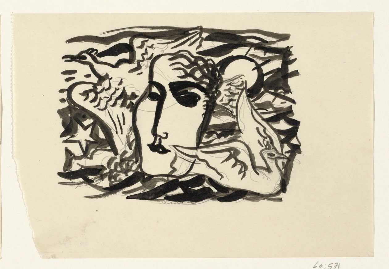 Kvindehoved og måger med havet i baggrunden af Leo Gestel