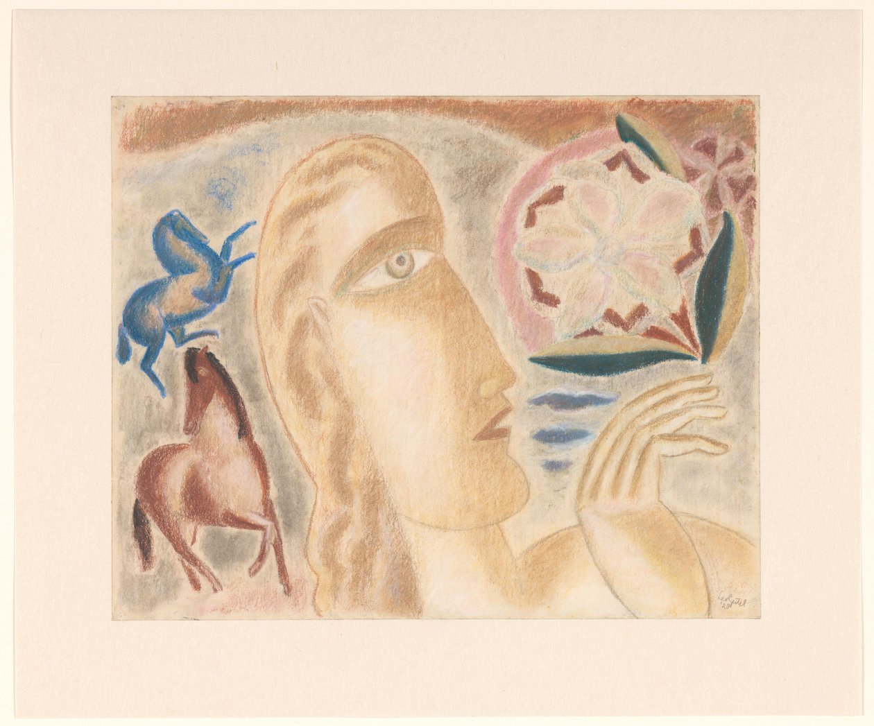 Kvindehoved og to heste af Leo Gestel