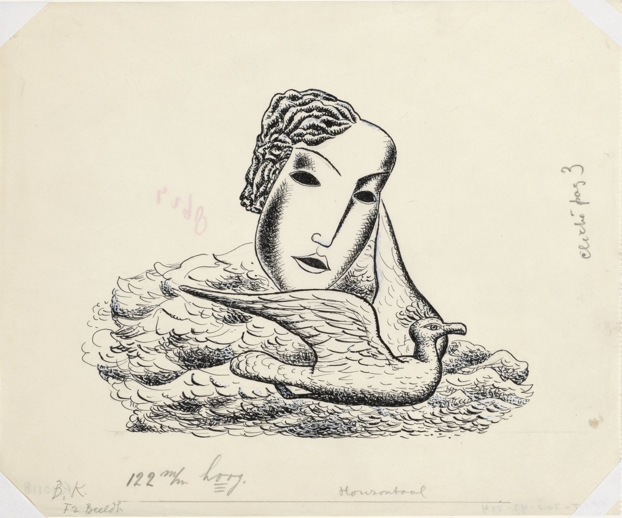 Kvindehoved med fugl (skitse) af Leo Gestel