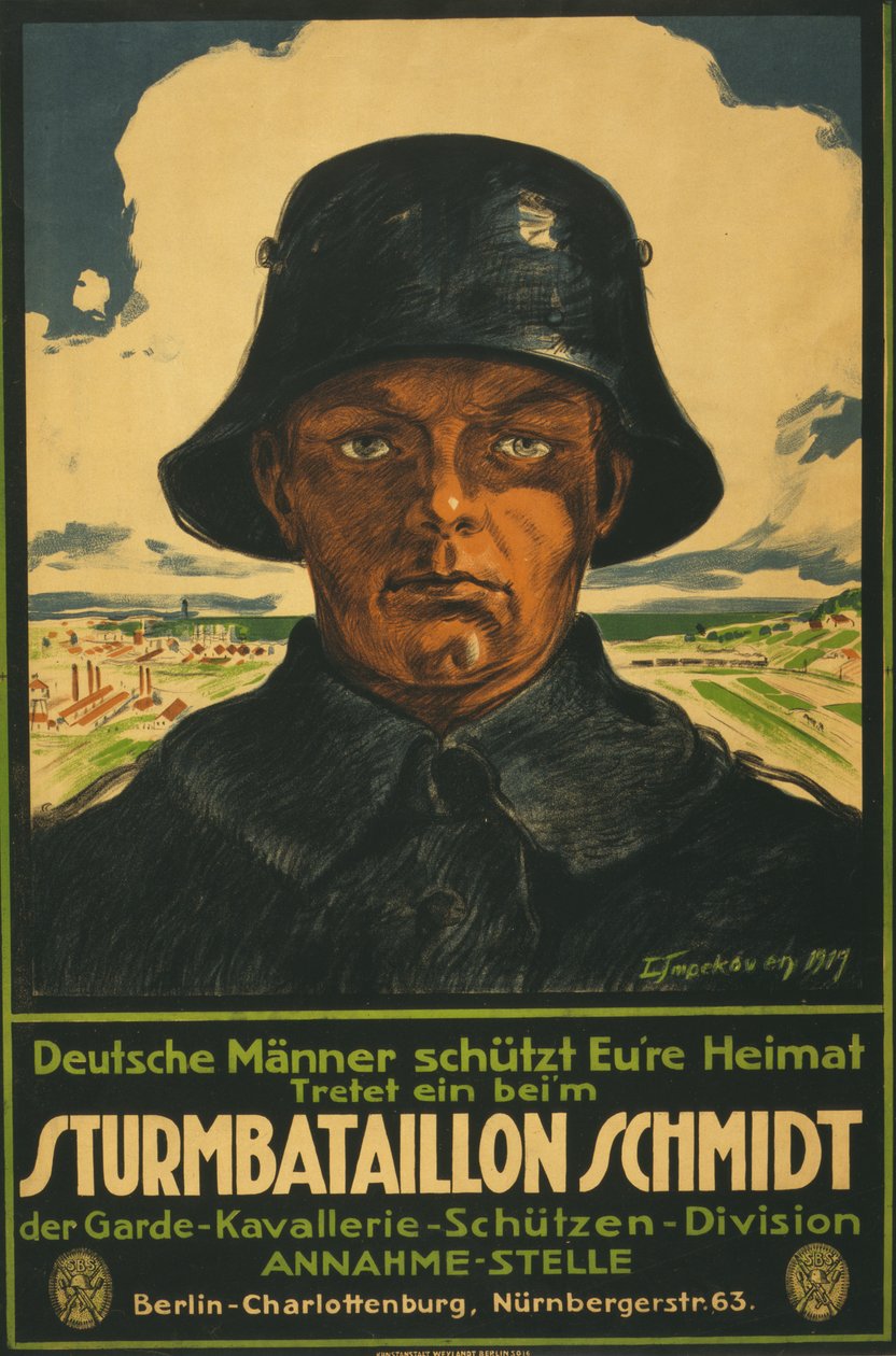 Overfaldsbataljon Schmidt; Tyske mænd ryster dit hjemland! 1919 (farvelitografi) af Leo Impekoven