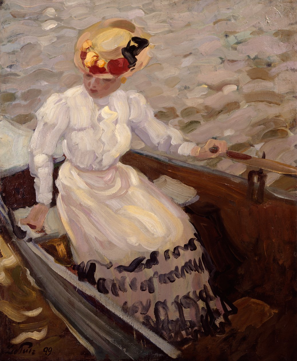 En elegant dame i en robåd (olie på lærred) af Leo Putz