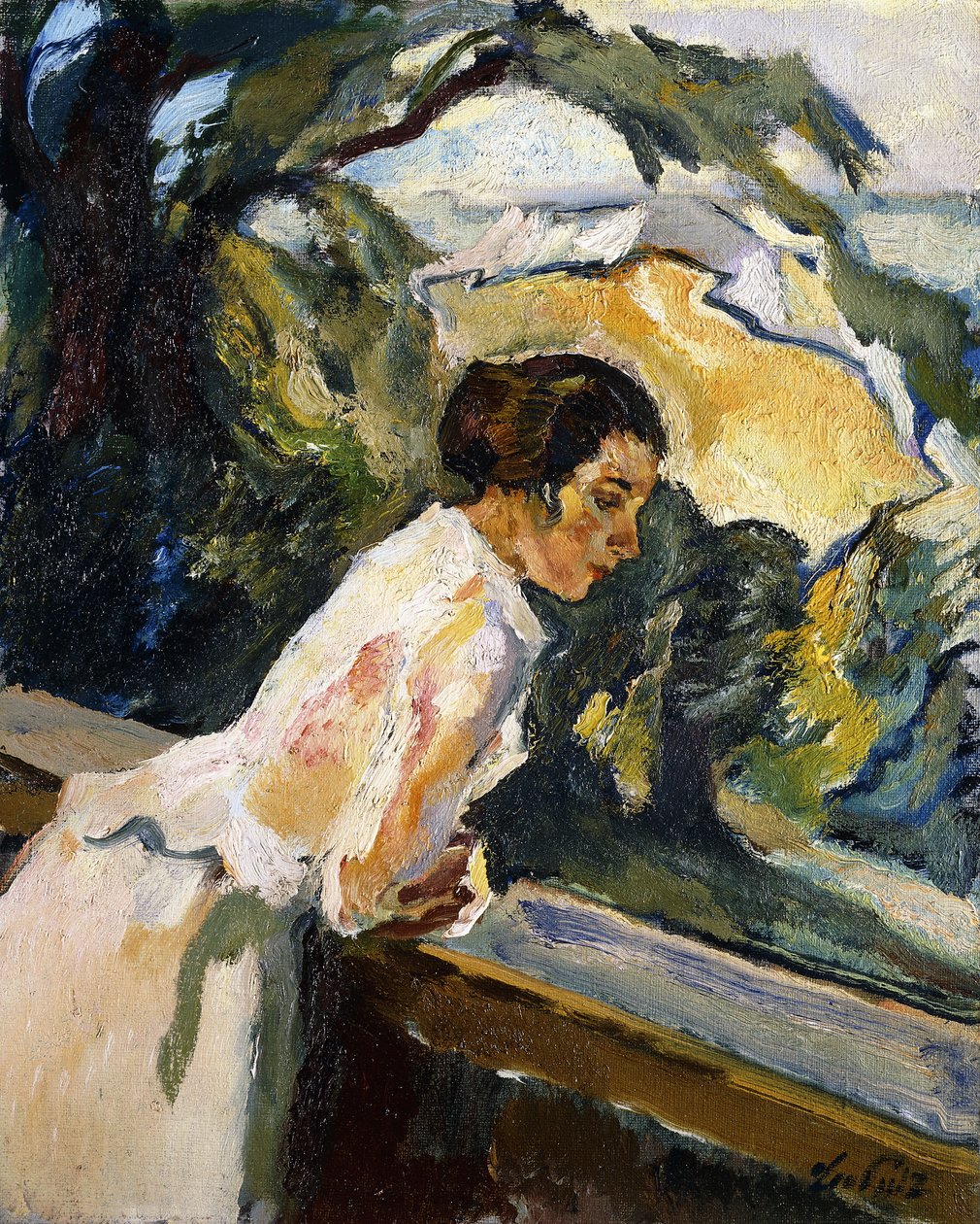 Frieda, kunstnerens hustru, lænet over balkonen, ca. 1919-1922 (olie på lærred) af Leo Putz