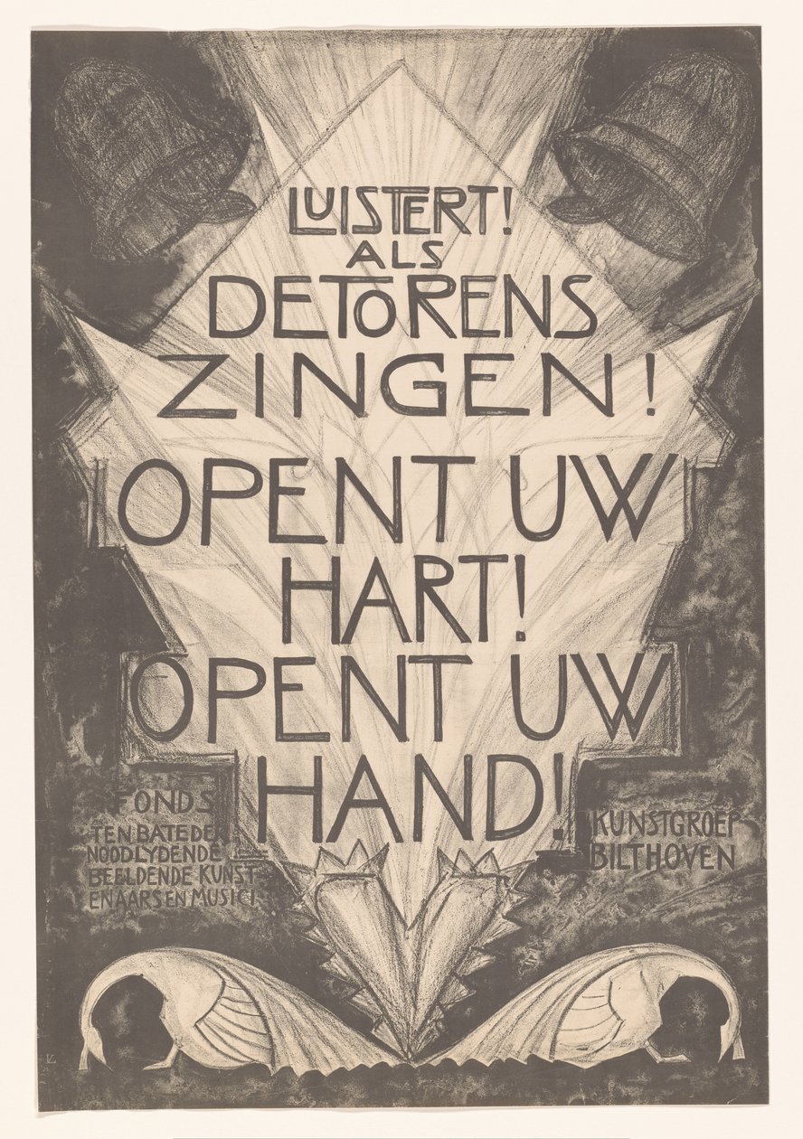 Plakat for nødstedte kunstnere og musikere lytter! Når tårnene synger! Åben dit hjerte! Åbn din hånd! (titel på objekt) af Leo Visser