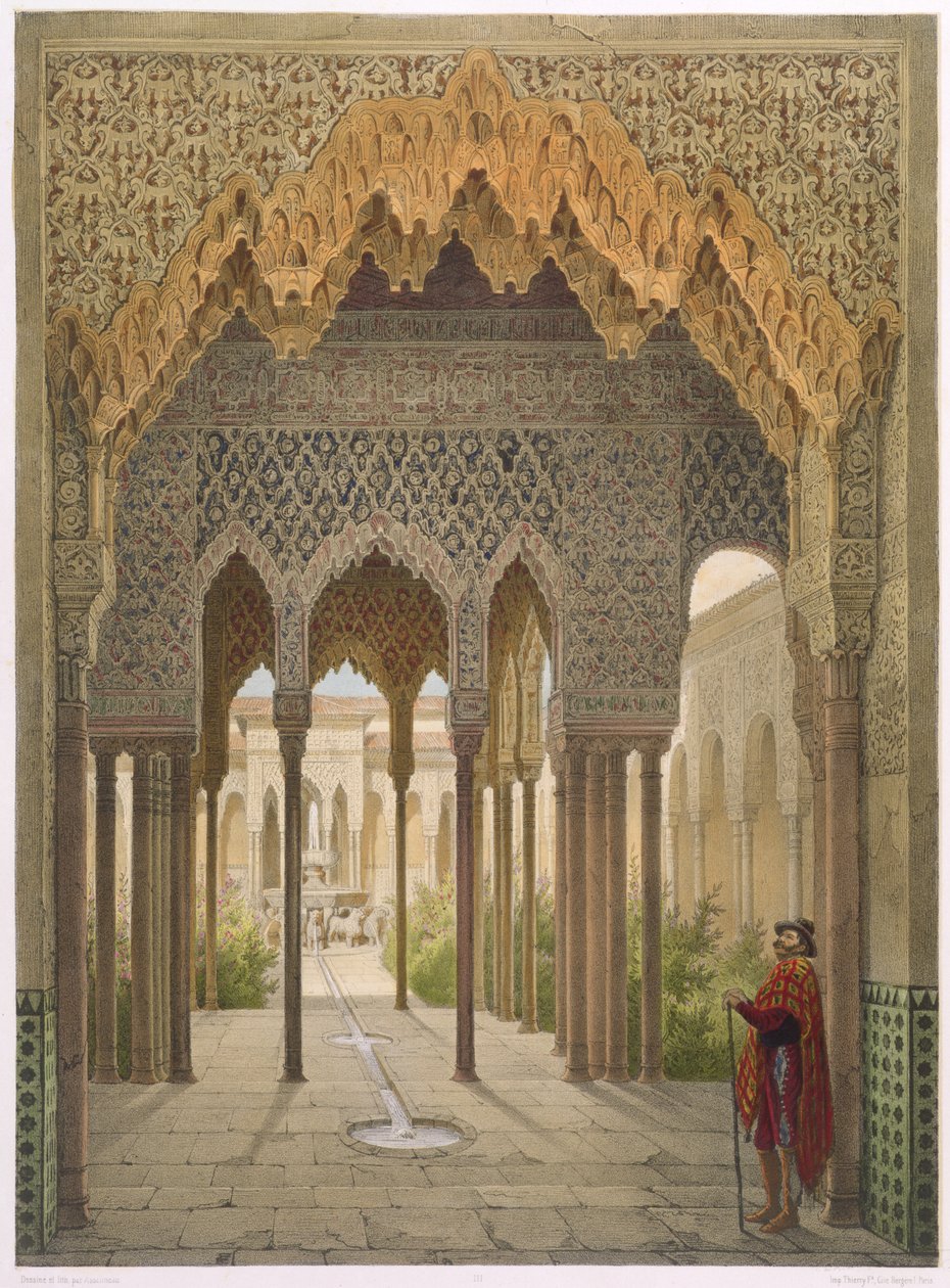 Løvernes domstol, Alhambra, Granada, 1853 (farvet litho) af Leon Auguste Asselineau
