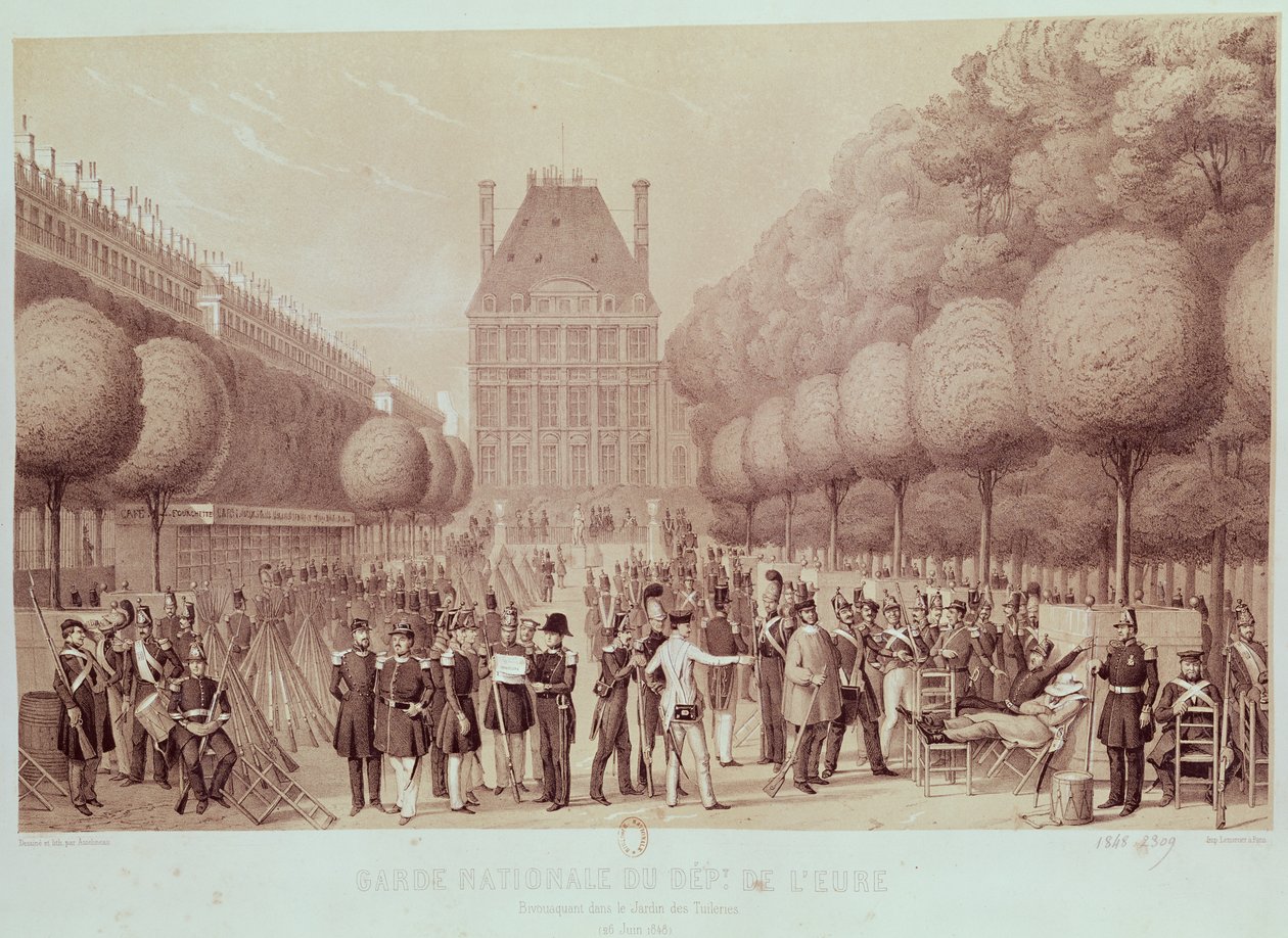 Nationalgarden fra Eure slog lejr i Tuileriehaven, 26. juni 1848 af Leon Auguste Asselineau