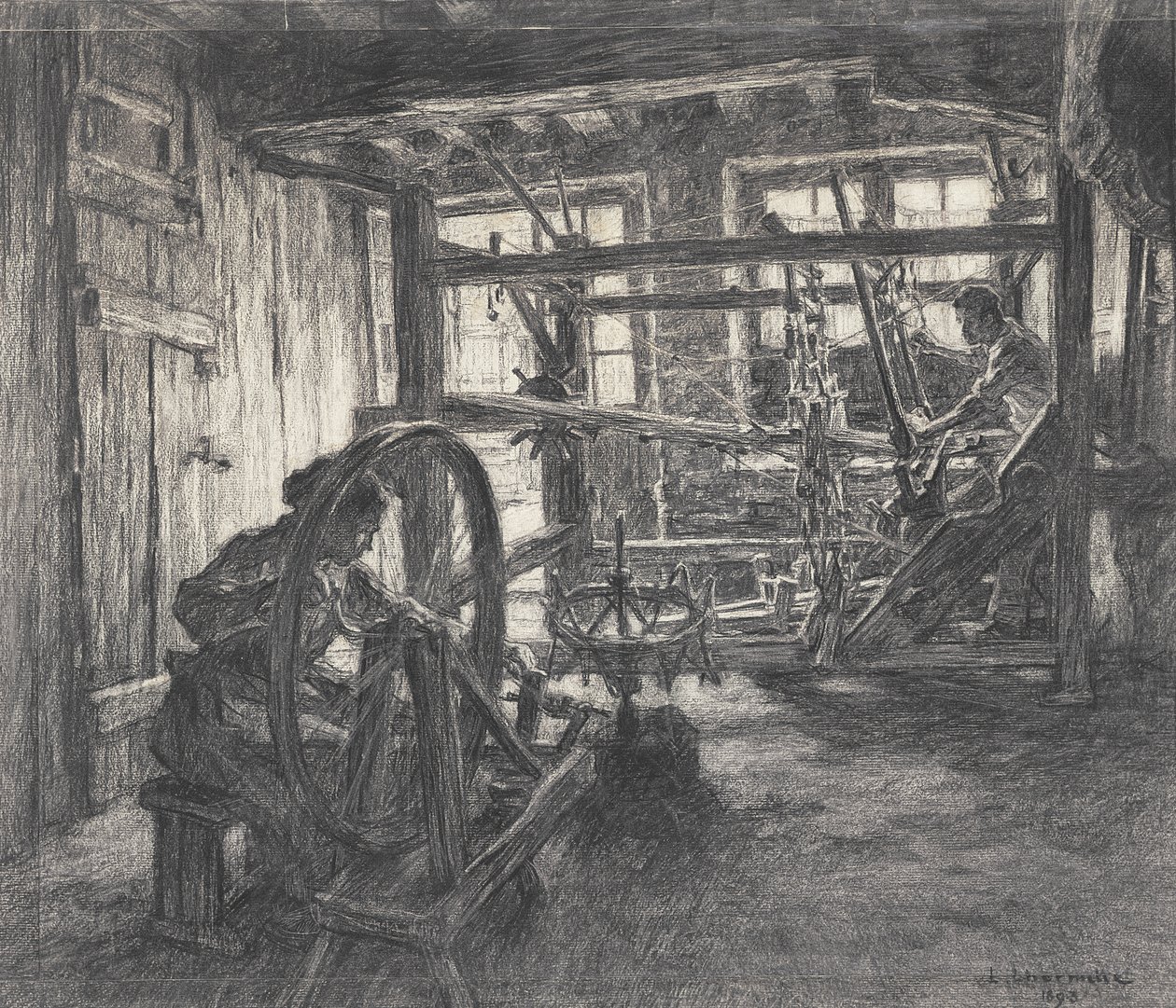 Væverens værksted i Dinan eller, Væveren og hans kone, 1893 (kul på papir) af Leon Augustin Lhermitte