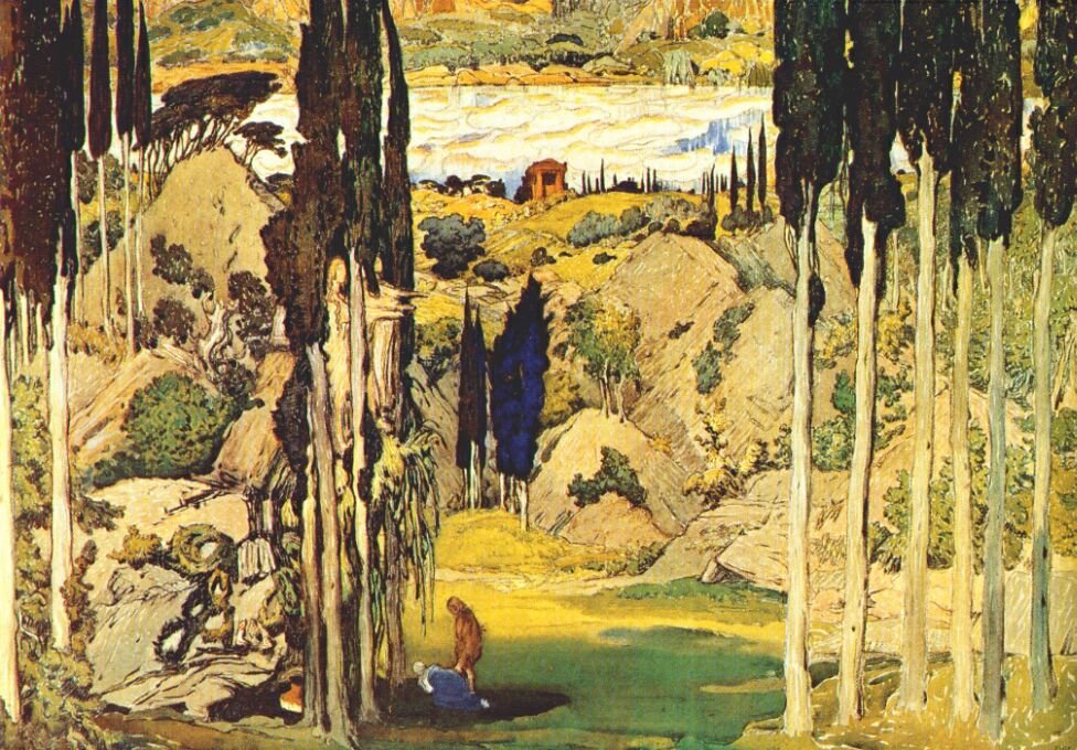 Scenografi til verdenspremieren på balletten Daphnis et Chloe musik af Maurice Ravel, Parisn af Leon Bakst