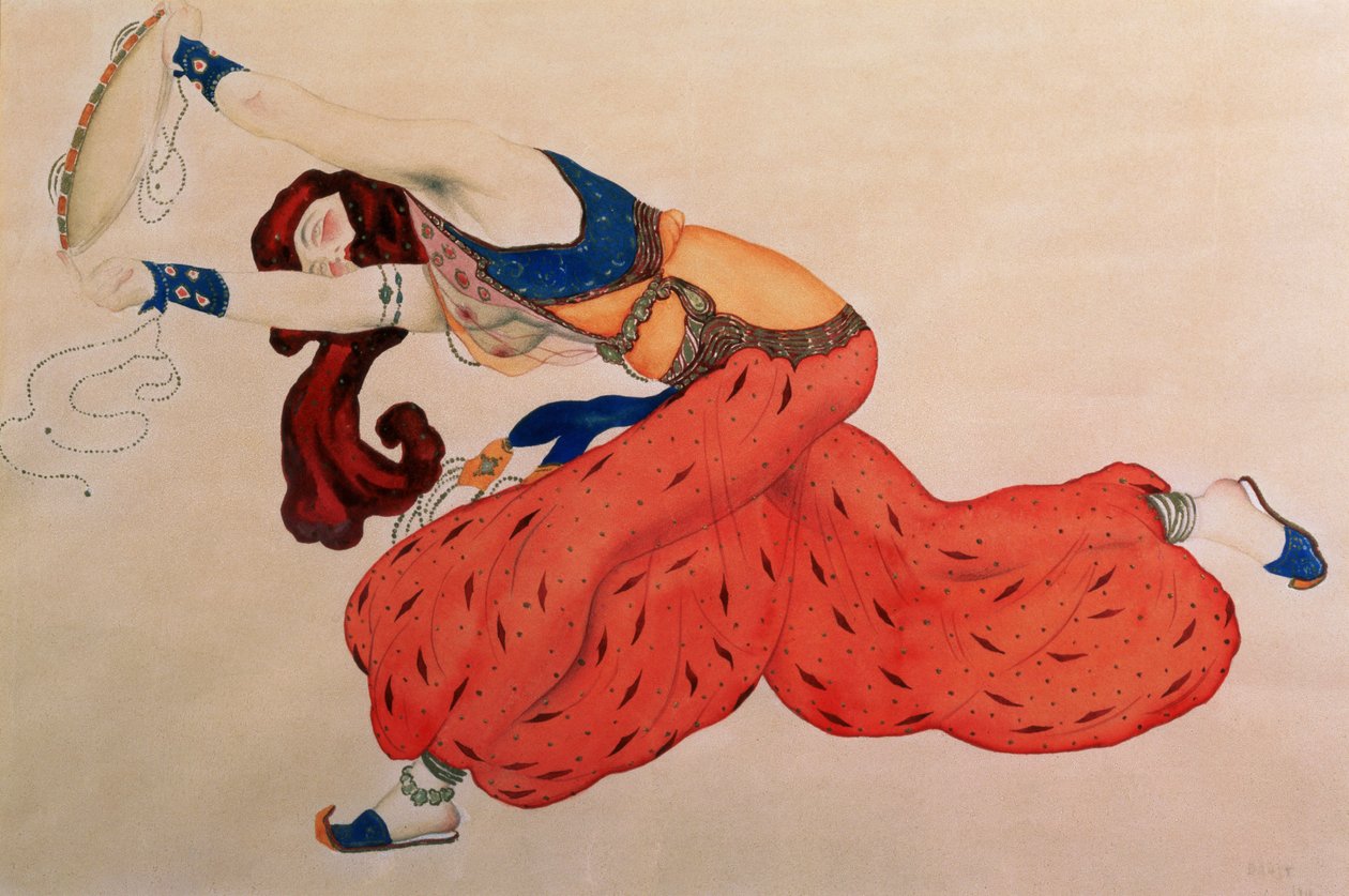 En undersøgelse af en figur af en danser for Scheherazade af Leon Bakst